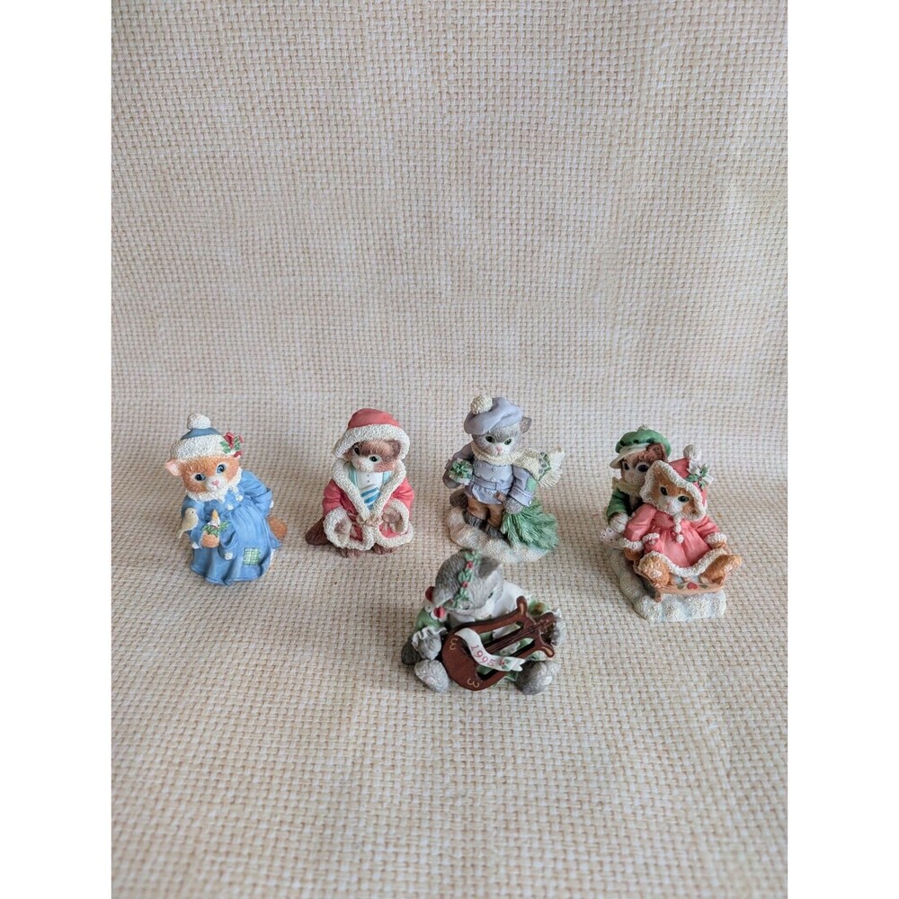 Calico Kittens Christmas Figurines 1995 Hillman Lot of 5 Cat Enesco Holiday Vtg